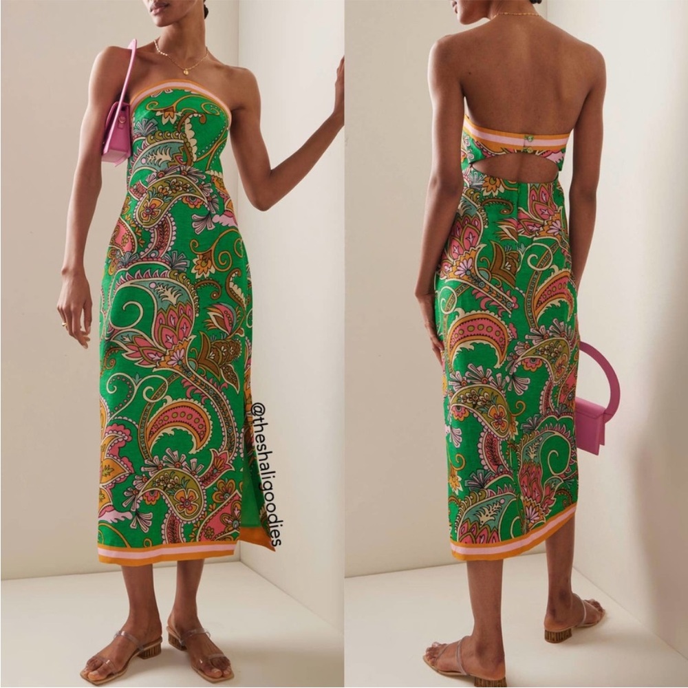 Alemais Green Paisley Strapless Midi Dress with Pink and Yellow Accents